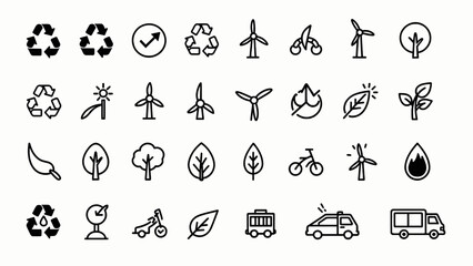 Fototapeta premium Eco friendly icons, sustainable living symbols, green energy signs, environmental vector graphics isolated on White Background vector eps silhouette