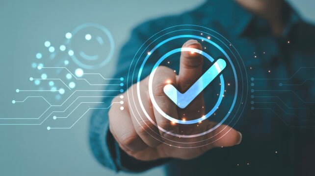 Hand Selecting Approval Checkmark on Digital Technology Interface with Network Connections