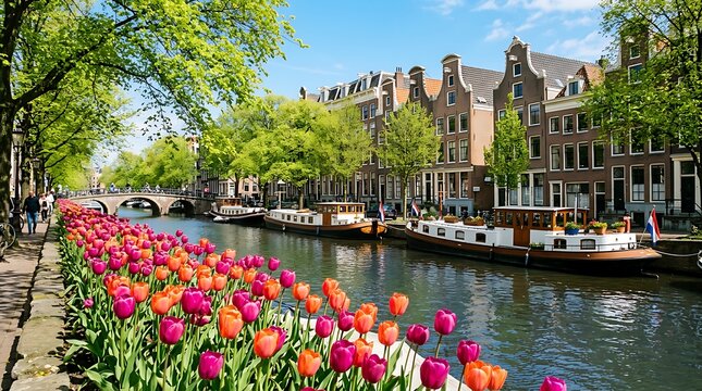 Charming Amsterdam canal decorated with rows of colorful tulips, lined with classic Dutch houses and boats, sunny spring day, picturesque European city.