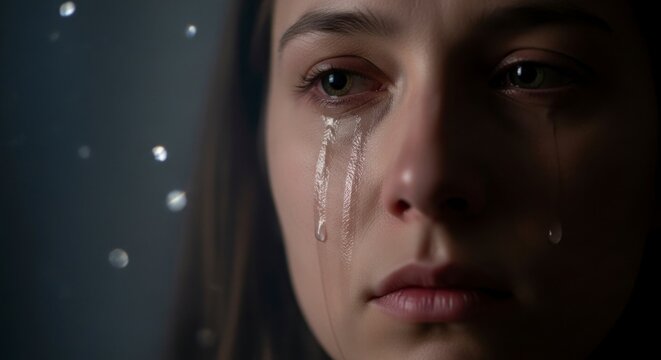 Retrato em close-up de uma mulher chorando com l&aacute;grimas escorrendo pelo rosto.