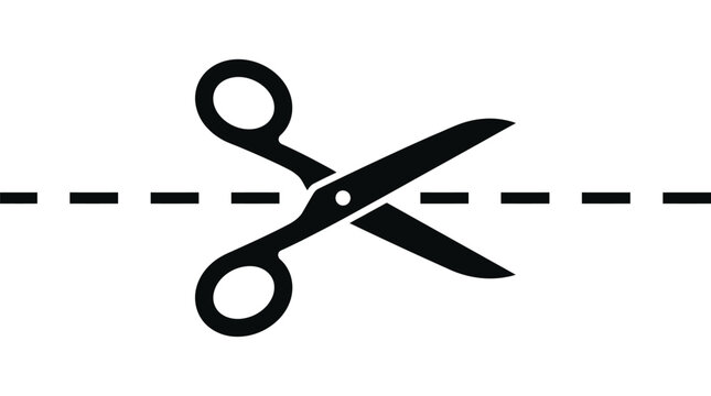 Black scissors icon with a dashed cutting line for professional print and digital graphic design projects