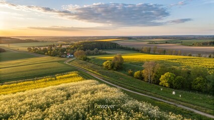 Naklejka premium Golden Hour Sunlight Over Lush Green Fields and Distant Trees With A Winding Dirt Path