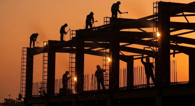 Silhuetas de oper&aacute;rios da constru&ccedil;&atilde;o civil na estrutura de um pr&eacute;dio contra o c&eacute;u do p&ocirc;r do sol.