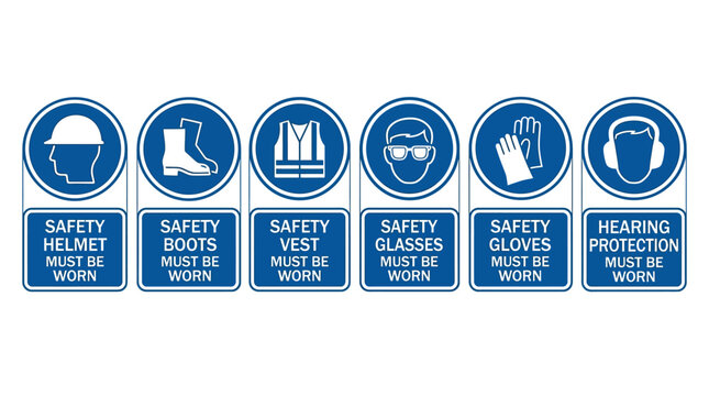 Mandatory personal protective equipment signs for construction sites featuring six essential safety gear icons in blue