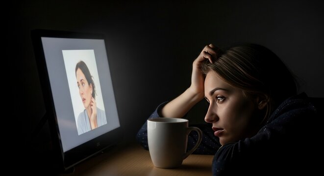 Mulher olhando para a tela do computador com a imagem de uma x&iacute;cara em um fundo escuro.