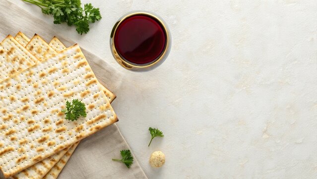 Matzah bread and red wine on a textured surface with parsley garnish