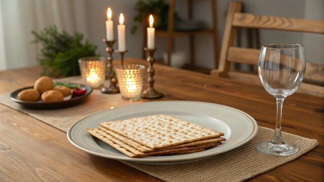 Passover Seder Table Setting with Matzah Eggs and Wine Glass Lit by Candles