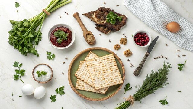 Traditional Passover Seder Plate Food Arrangement With Matzah Herbs And Eggs