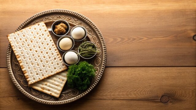 Traditional Passover Seder Plate With Matzah and Maror On A Wooden Table