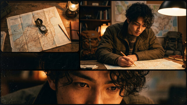 Creative Mood Board Collage of Male Adventurer Planning Route on Vintage Map with Compass
