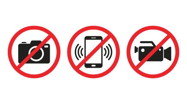 Set of restriction signs featuring no mobile phone no camera and no video recording icons