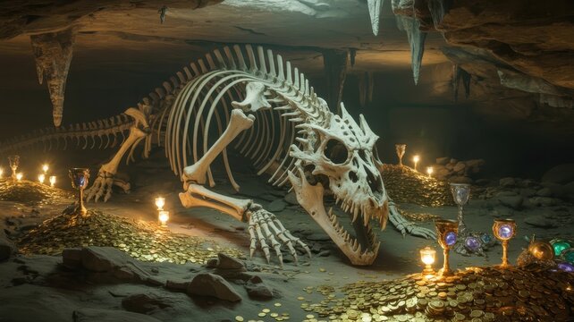 Ancient dragon skeleton guarding a vast treasure hoard of gold coins, jewels, and chalices in a dimly lit cave