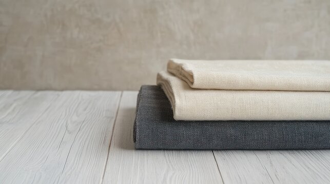 Stacked fabric textiles on wooden surface
