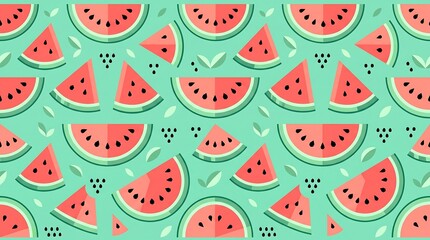 Vibrant watermelon slice pattern on mint green background with decorative elements