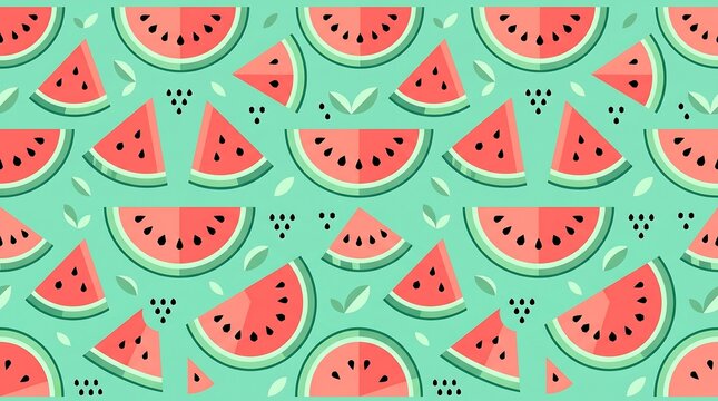 Vibrant watermelon slice pattern on mint green background with decorative elements