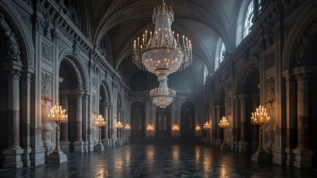 Grand ballroom with ornate chandeliers, marble floors, and classical architecture, illuminated by candlelight.