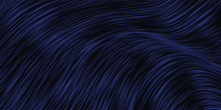 Minimalist geometric pattern background containing numerous dark blue parallel curved stripes over pitch black canvas backdrop, background design