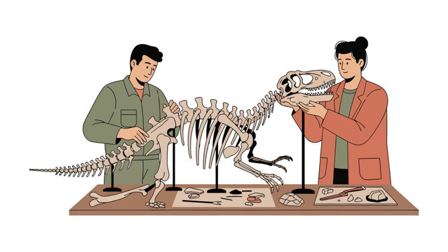 Paleontologists Assembling Dinosaur Skeleton: Two dedicated paleontologists meticulously assemble a dinosaur skeleton on a research table, surrounded by fossil fragments and tools.