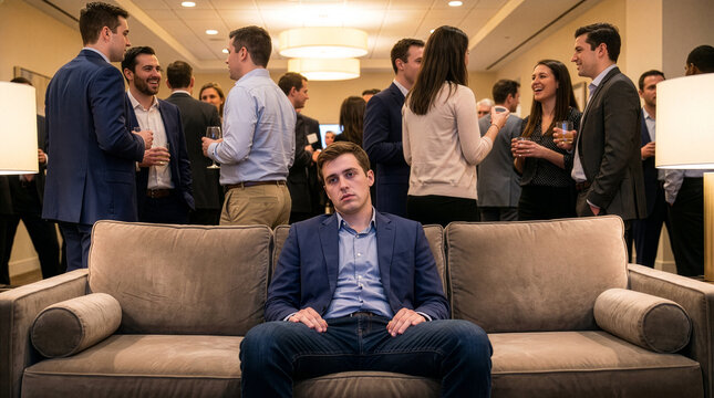 Sad Professional Man Sitting Alone on Sofa at Networking Event