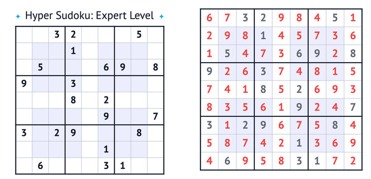Hyper Sudoku puzzle with numbers filled for expert level challenge  