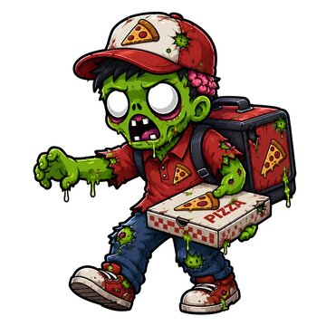 Cartoon zombie pizza delivery boy with green skin holding pizza box and delivery bag