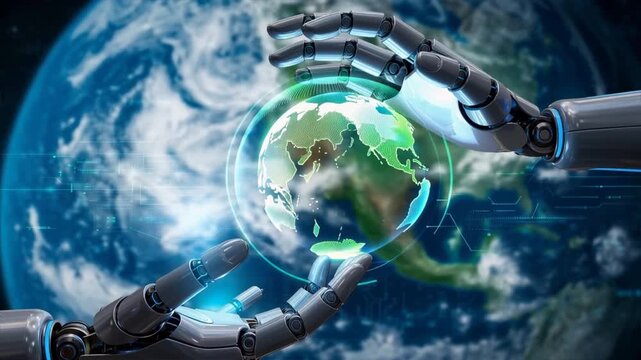 Futuristic robot hands gently holding a glowing Earth, symbolizing the harmony between technology and nature.