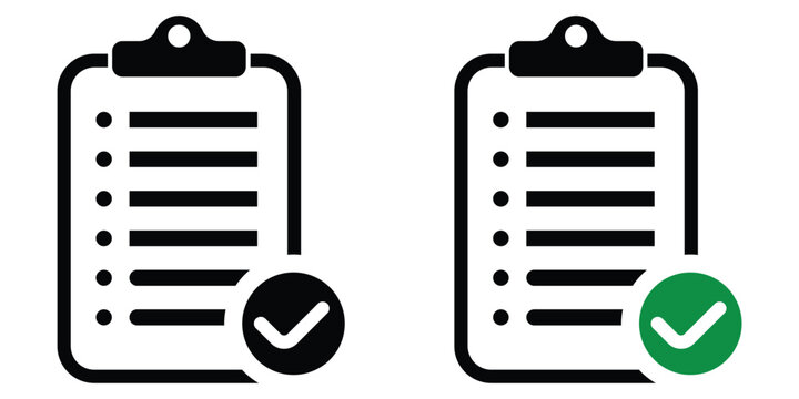 Digital checklist clipboard icons with green and black check marks symbolising completed tasks successful approval and effective project management