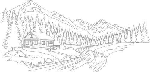 Fototapeta premium Mountain cabin landscape continuous line drawing illustration for nature decor