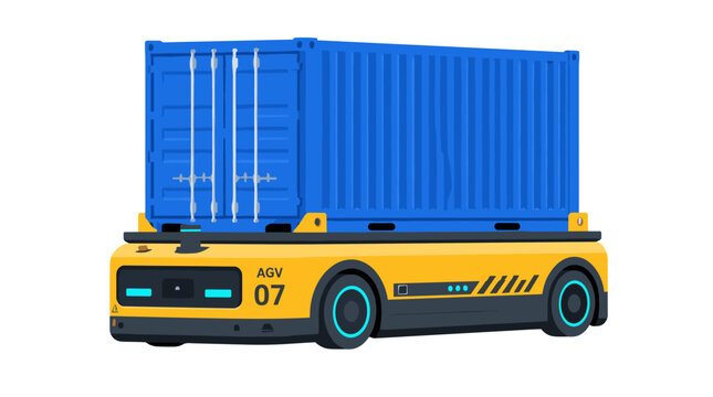 Blue Shipping Container Mounted on Yellow Terminal Tractor.