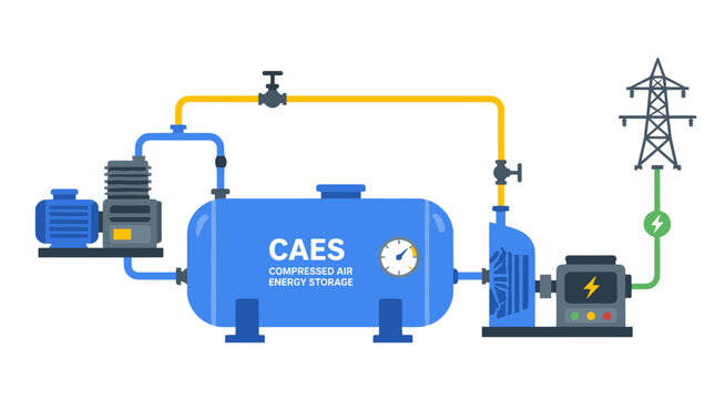 Industrial CAES energy storage system with tanks and pipes.