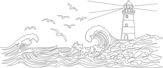 Fototapeta premium Coastal lighthouse scene continuous line drawing illustration for nautical decor