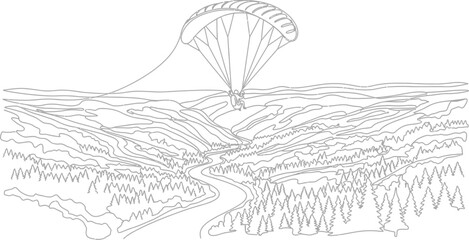 Fototapeta premium Continuous line drawing of paraglider soaring over scenic landscape