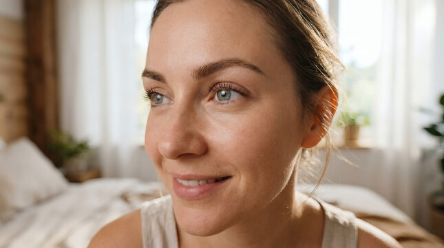 Smiling young woman with blue eyes.