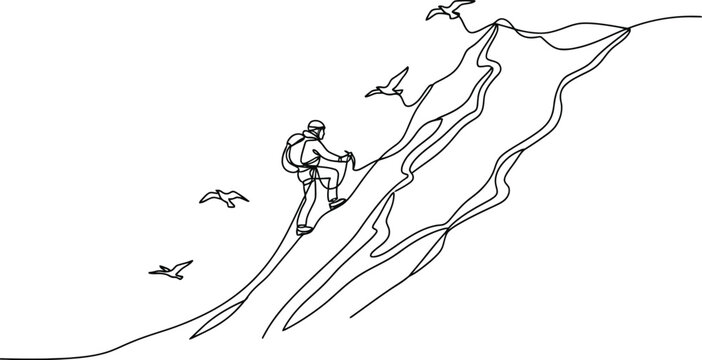 Continuous line drawing mountain climber with backpack minimalist single line art