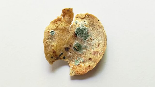Broken corn tortilla with green mold spots isolated on white background