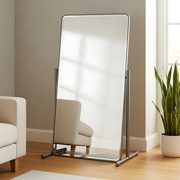 Full length mirror with metal frame in a modern living room setting
