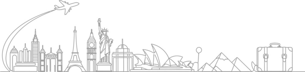 Obraz premium Travel landmarks continuous line drawing world cities airplane and suitcase illustration