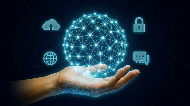 Hand holding glowing digital network sphere with technology icons cloud lock internet chat security cyber security cloud computing connected world data flow digital transformation global network.