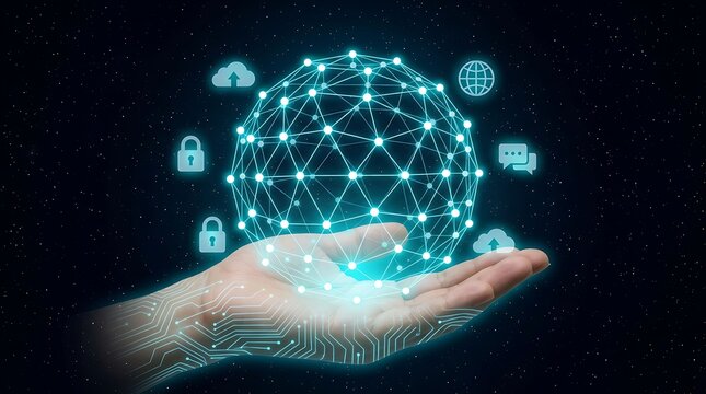 Hand holding glowing digital network sphere with technology icons cloud lock internet chat security cyber security cloud computing connected world data flow digital transformation global network.