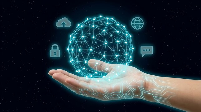 Hand holding glowing digital network sphere with technology icons cloud lock internet chat security cyber security cloud computing connected world data flow digital transformation global network.