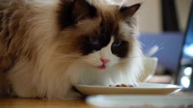 Long Haired Cat Eating Dry Food on Plate Indoor Close Up