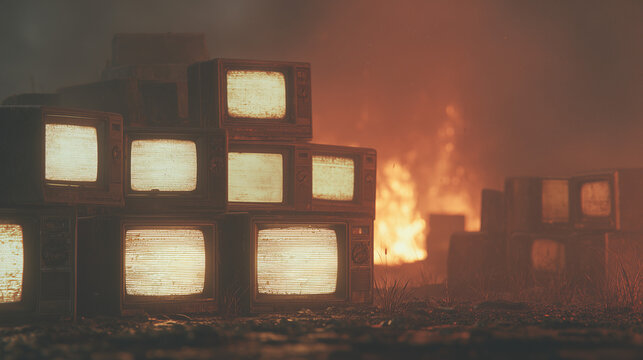 
Media on Fire &mdash; Stack of Glowing Retro Television Sets Burning in Apocalyptic Landscape Depicting Incitement, Media Manipulation and Mass Hysteria