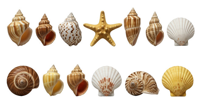 Collection of various seashells and a starfish isolated on transparent background
