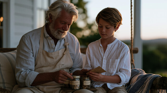 Grandfather teaching a ten-year-old to sort coins into labeled jars on a back porch swing, rural farmhouse setting, generational wealth values, summer evening light, quiet rural landscape, grandpare