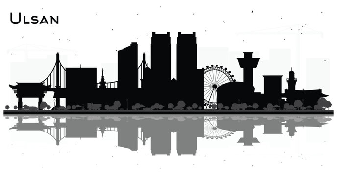 Ulsan South Korea City Skyline Silhouette with Black Buildings Isolated on White. Business Travel and Tourism Concept with Historic and Modern Architecture. Ulsan Cityscape with Landmarks.