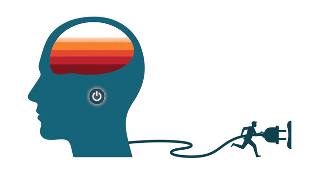 Man running to plug in a human head silhouette featuring a power button and brain layers