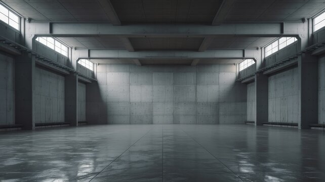 Vast, empty industrial concrete warehouse interior with large windows and reflective wet floor, dramatic lighting