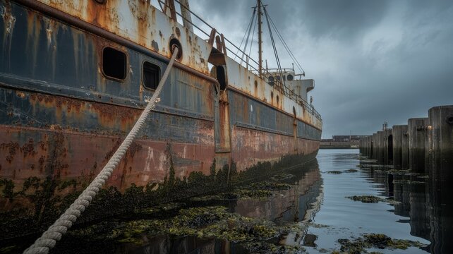 Abandoned rusted cargo ship docked at a pier, weathered hull, thick rope, and moody overcast sky.