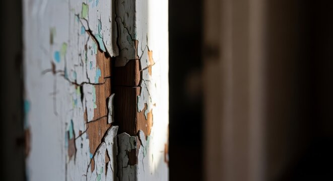 Close-up view of a weathered door jamb with cracked and peeling paint revealing underlying wood texture.