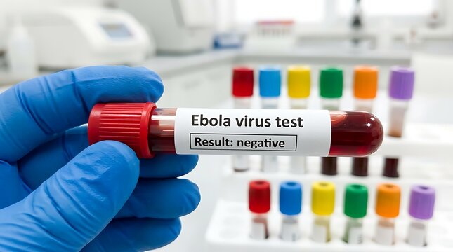 Hand in blue glove holding blood sample test tube labeled Ebola virus test result negative in laboratory setting with other samples.